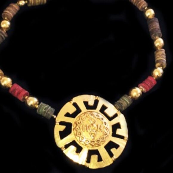 MUSEUM REPRO AZTEC GOLD SUN AND HESHI NECKLACE-NEW - Picture 2 of 7